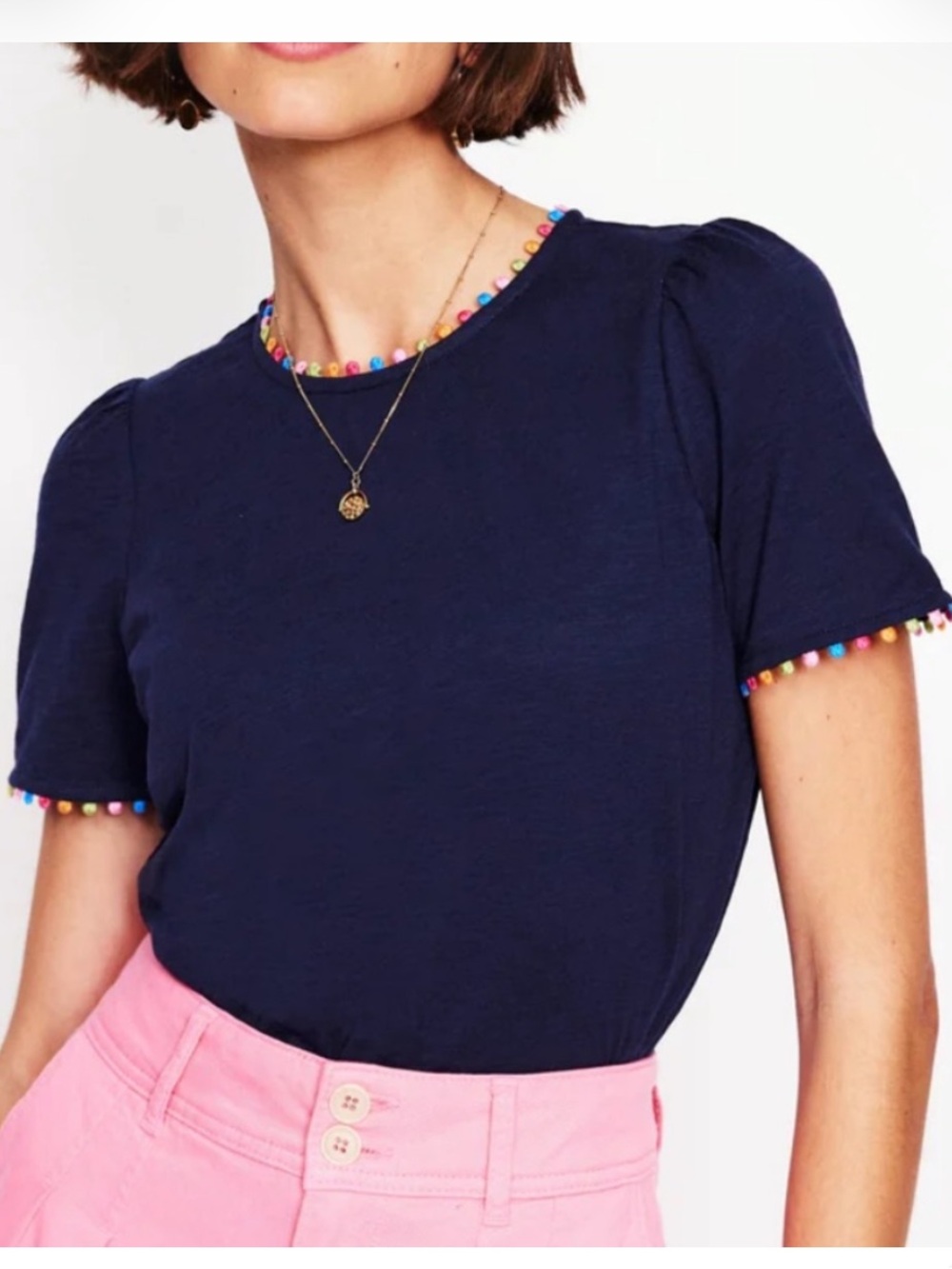 Boden Navy Short Sleeve Tee with Multicolor Pom Trim